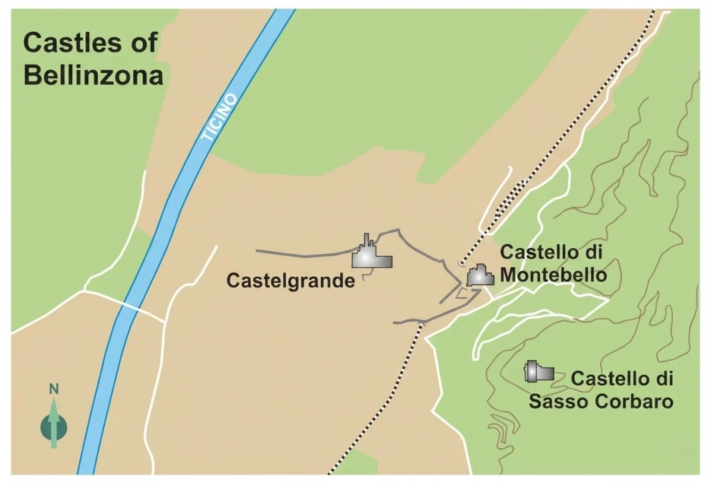 THE LOCATION OF THE THREE CASTLES OF BELLINZONA
